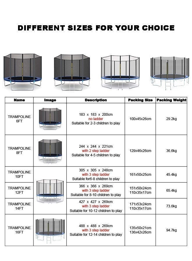 جساي تويز ترامبولين مطاطي للقفز بارتفاع 6/8/10/12/14/16 قدمًا، مناسب للأطفال والبالغين في الهواء الطلق، مع شبكة أمان ووسادة نابضية - Image 2
